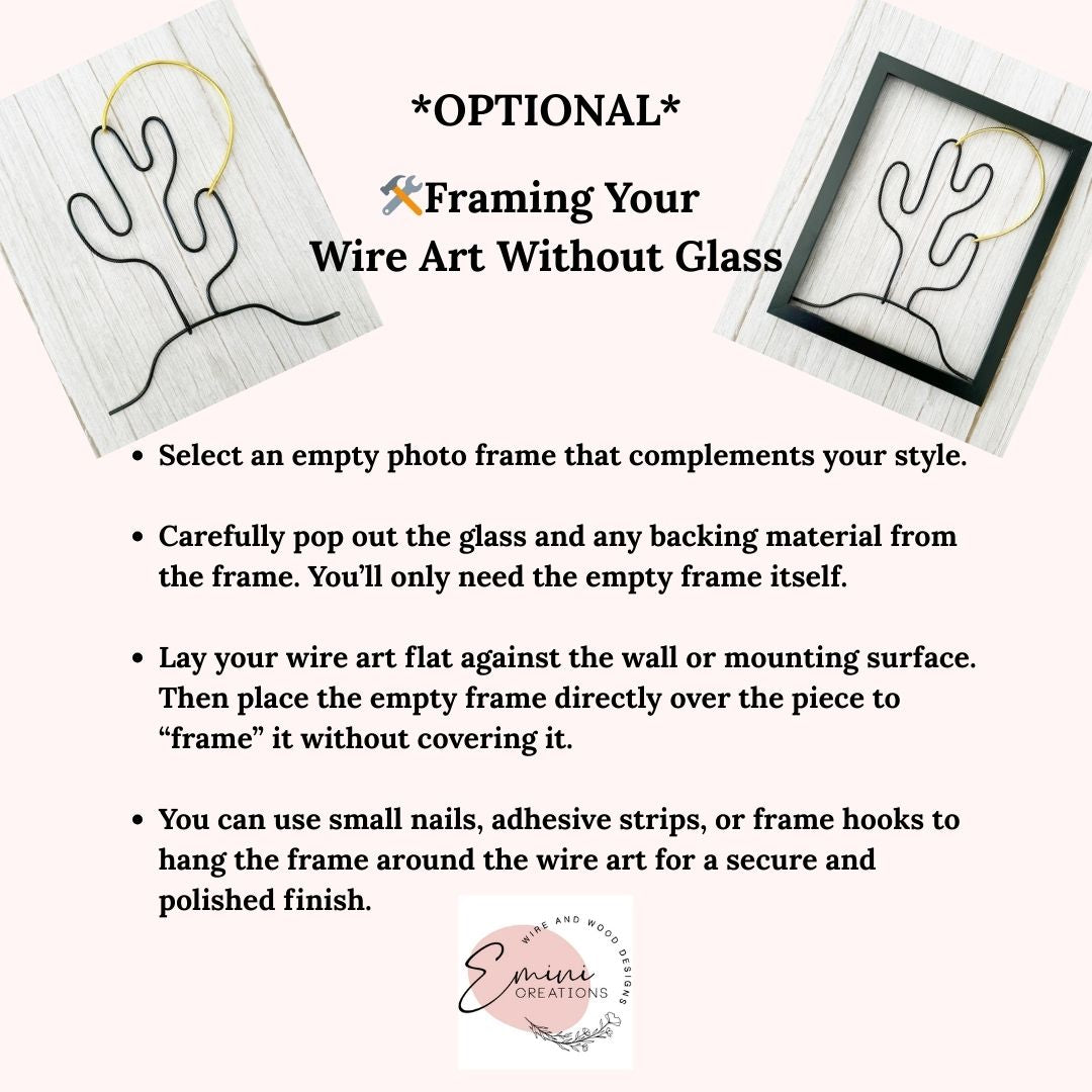 Instructions on framing wire art without glass with images of frames and text.