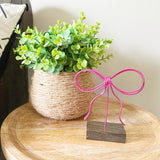 Potted plant with a decorative pink wire art bow on a wooden surface