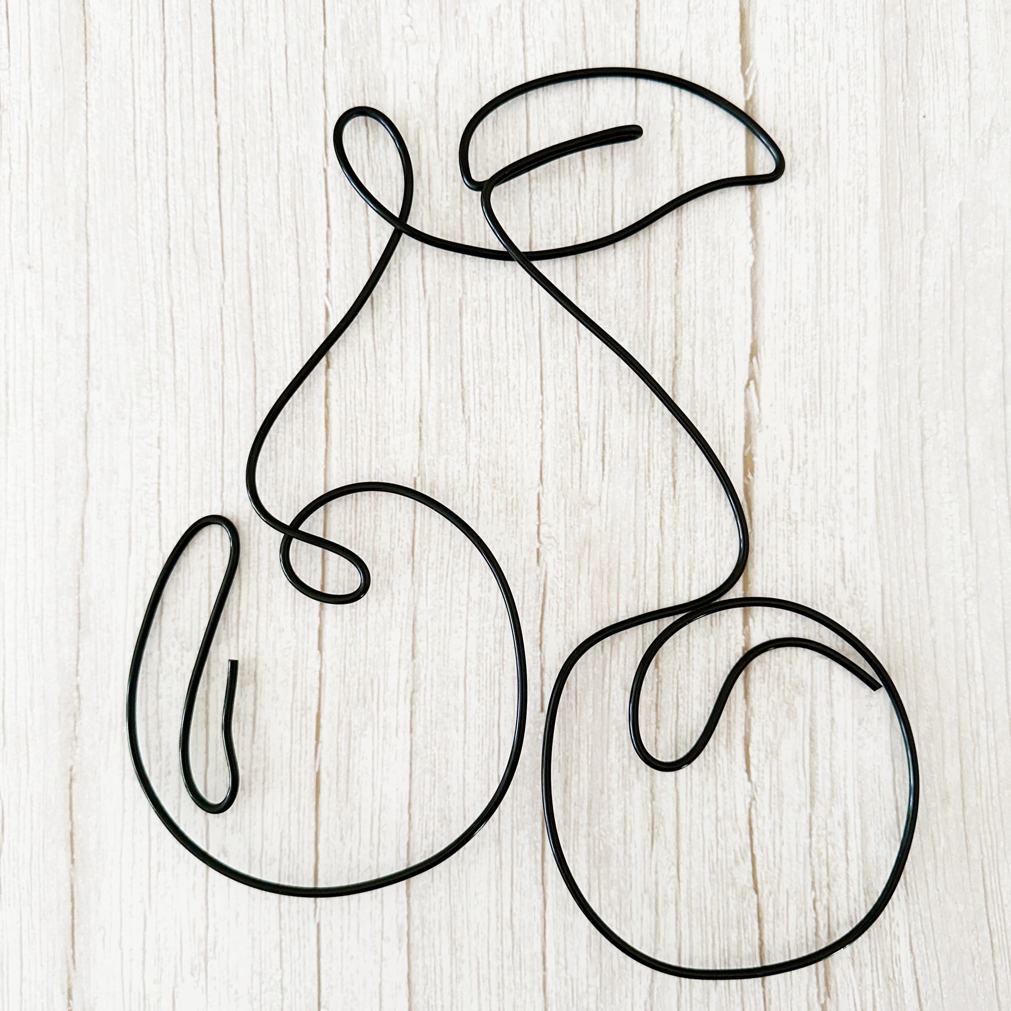 Minimalist cherry wall art made from black wire, shaped into two cherries with a leaf, styled on a light wood background.