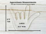 Measurement chart of a large hand-shaped wire sign on a light wooden background. The dimensions are: 8.75"Tall x 10.5"Wide.