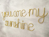 A wire wall decor that spells out 'you are my sunshine' in cursive and print lettering, displayed against a concrete background. 