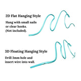 Instructions for 2D and 3D hanging styles for turquoise waves on a white background.