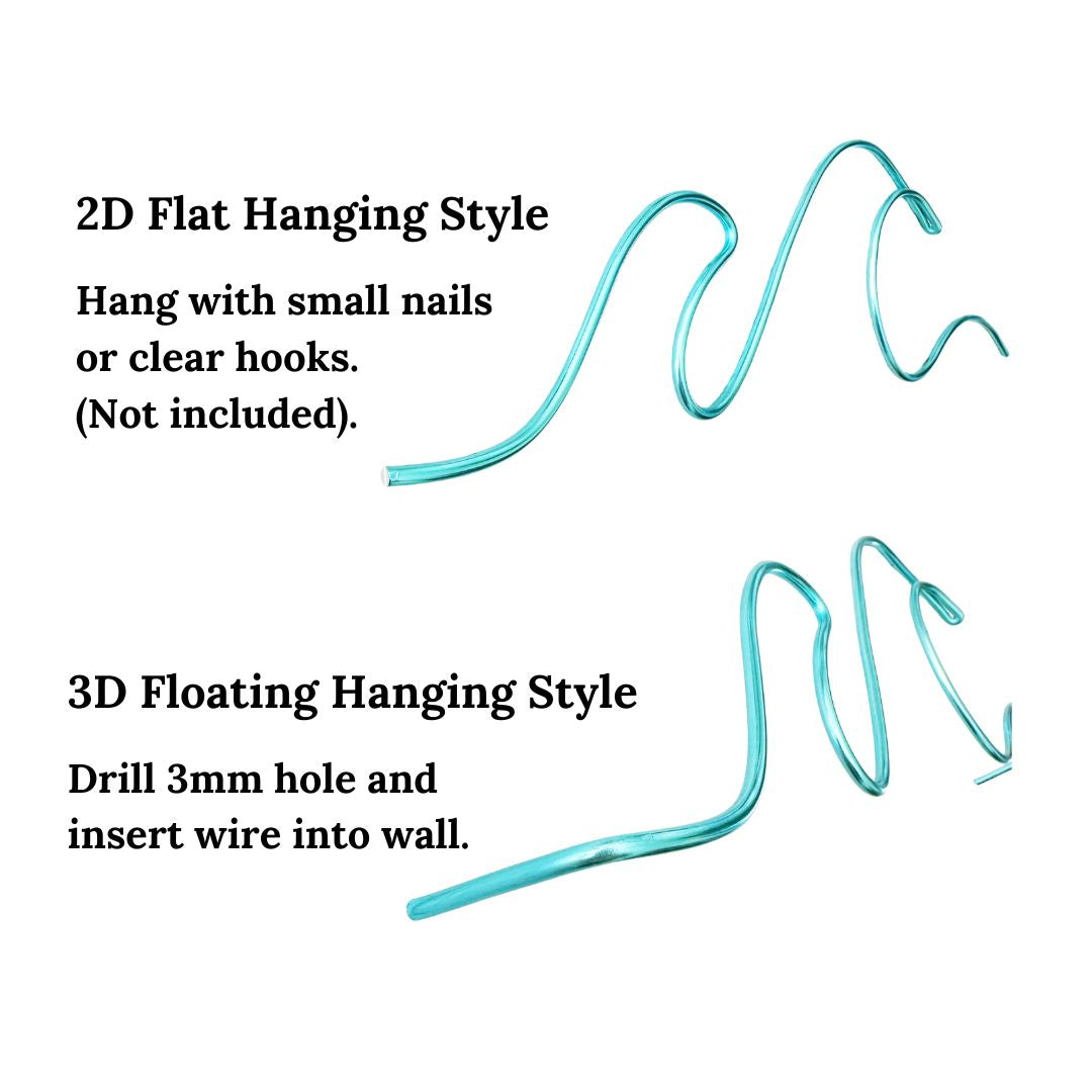 Instructions for 2D and 3D hanging styles for turquoise waves on a white background.
