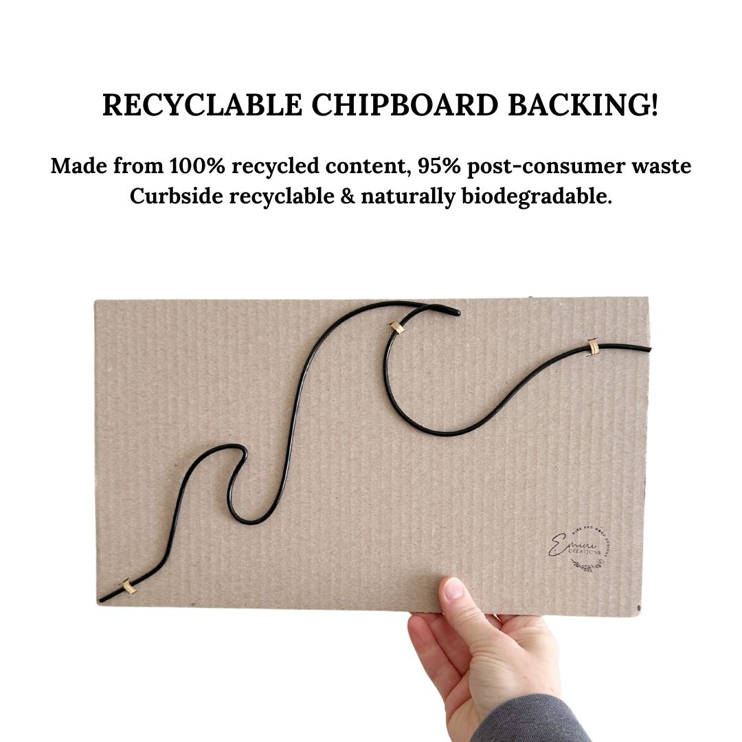 Recyclable chipboard backing with text about its eco-friendly properties. Hand holding a black wire wave attached to the chipboard.