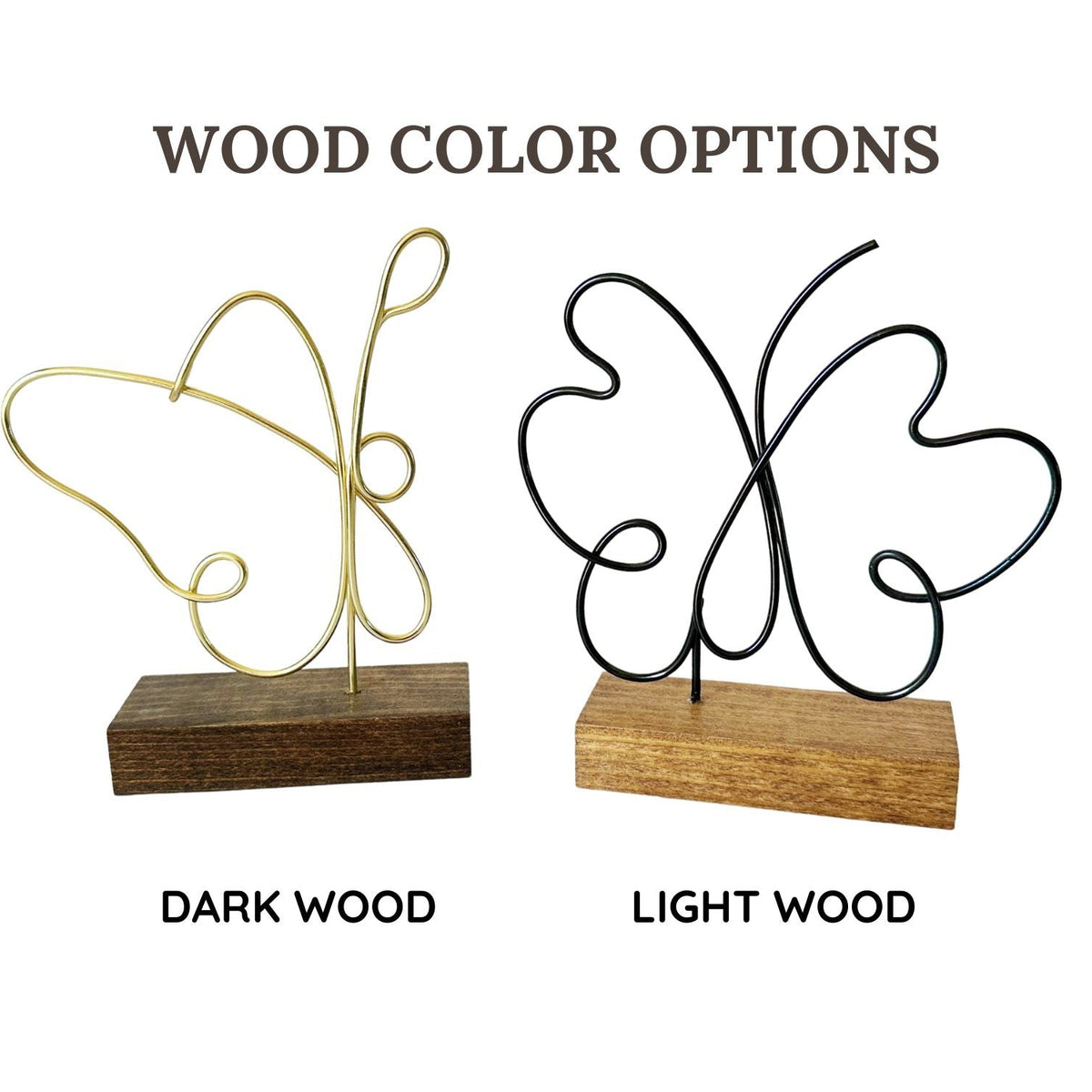 Two decorative butterfly stands on wooden bases, one dark wood and one light wood, with text indicating wood color options.